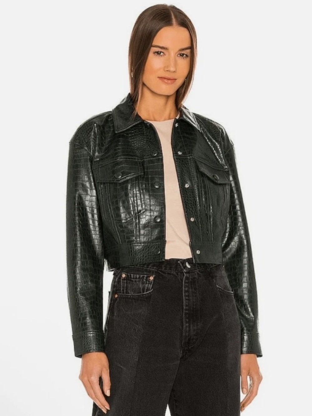 Veronica Beard Hendrix Croc-Embossed Faux Leather Jacket – Evergreen Green